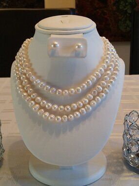 NEW Triple Strand 8mm Fresh Water Pearl Necklace and Stud Earrings